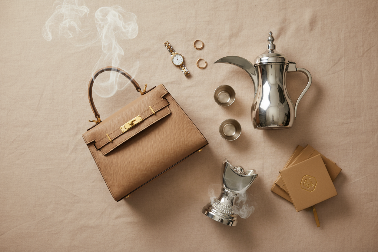 Elegant Saudi luxury flatlay featuring a beige leather handbag, Arabic coffee pot (dallah), incense burner with smoke, and minimal accessories on a warm neutral background. Soft lighting, sophisticated composition, reflecting authentic Saudi elegance and modern identity for the Brandi brand.